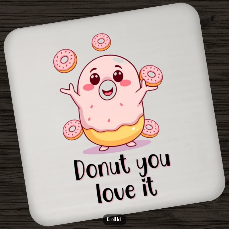 Funny donut drink coaster featuring a smiling donut juggling small donuts, adding a cheerful and protective element to any tabletop.