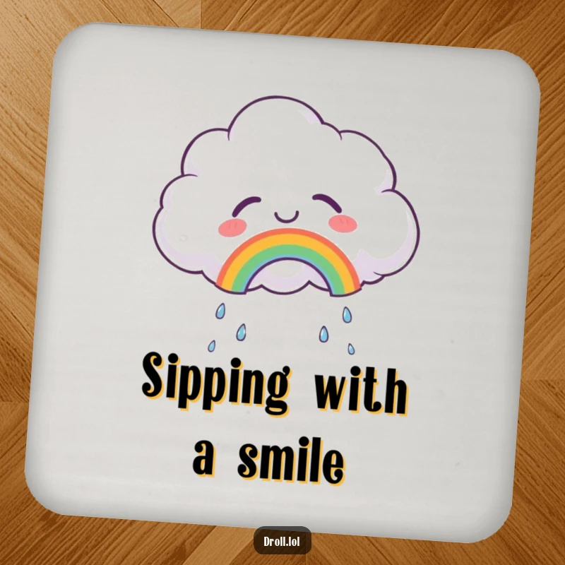 Funny drink coaster showing a fluffy cloud crying tears of joy, creating a rainbow, adding a cheerful and uplifting touch.