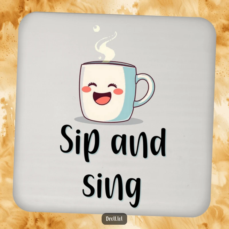 Funny drink coaster featuring a coffee mug singing opera with steam, protects furniture, humorous bar accessory.