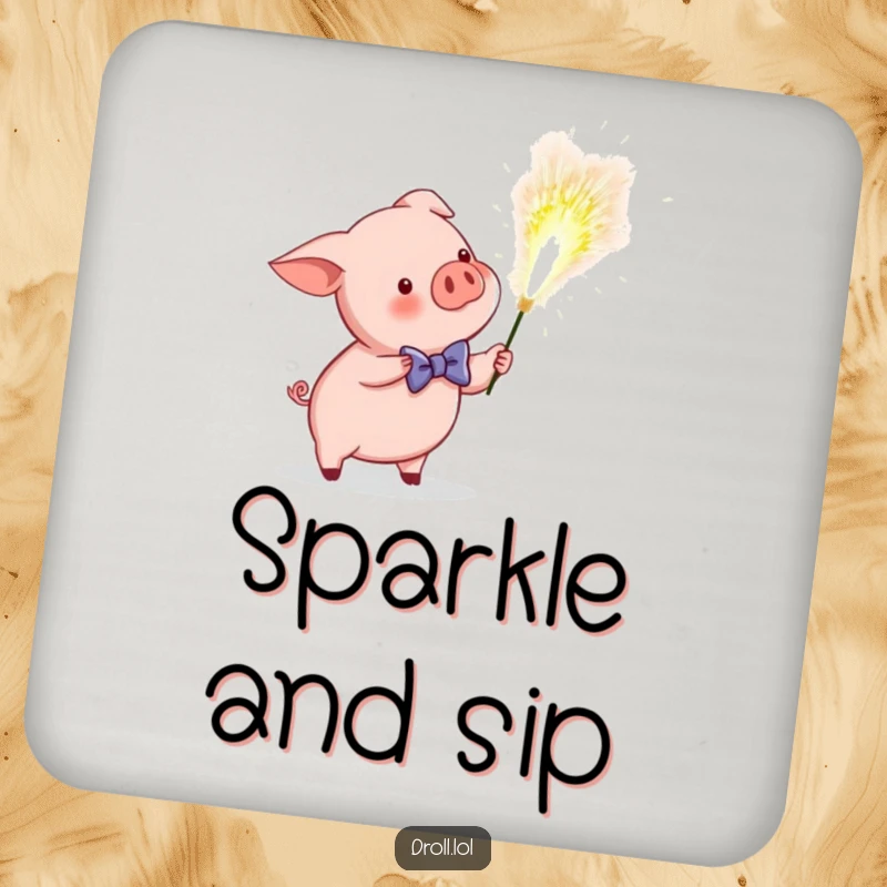 Funny drink coaster featuring a piglet in a bow tie accidentally igniting a giant sparkler, bringing festive humor.