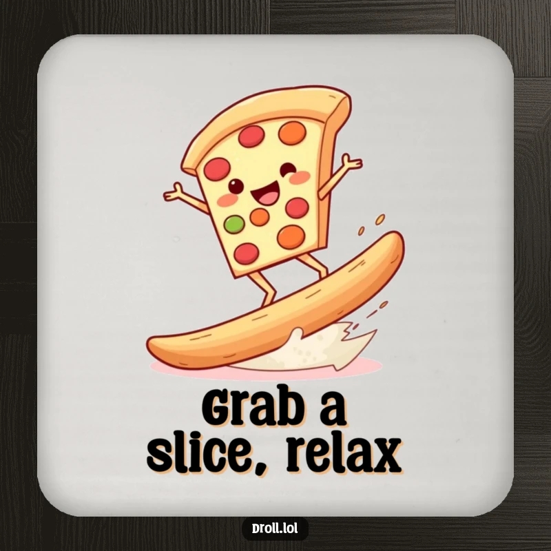 Funny drink coaster showing a pizza slice surfing a giant breadstick, a humorous and practical item for any surface.