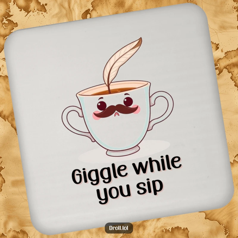 Funny surprised teacup with a mustache being tickled by a feather on a coaster. Whimsical and functional protection.