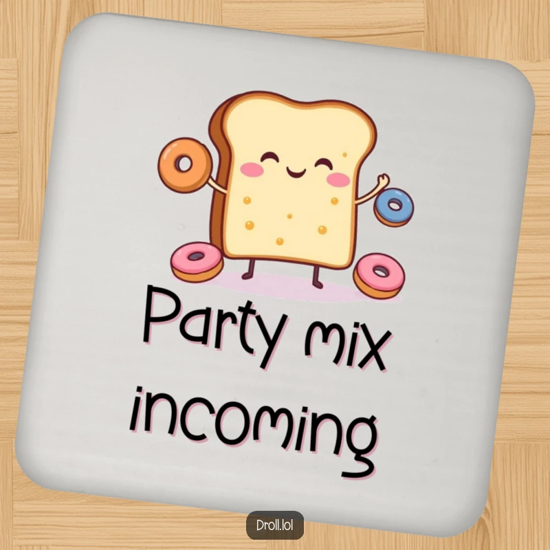 Funny drink coaster showing a cheerful slice of toast juggling tiny donuts, perfect for protecting tables.