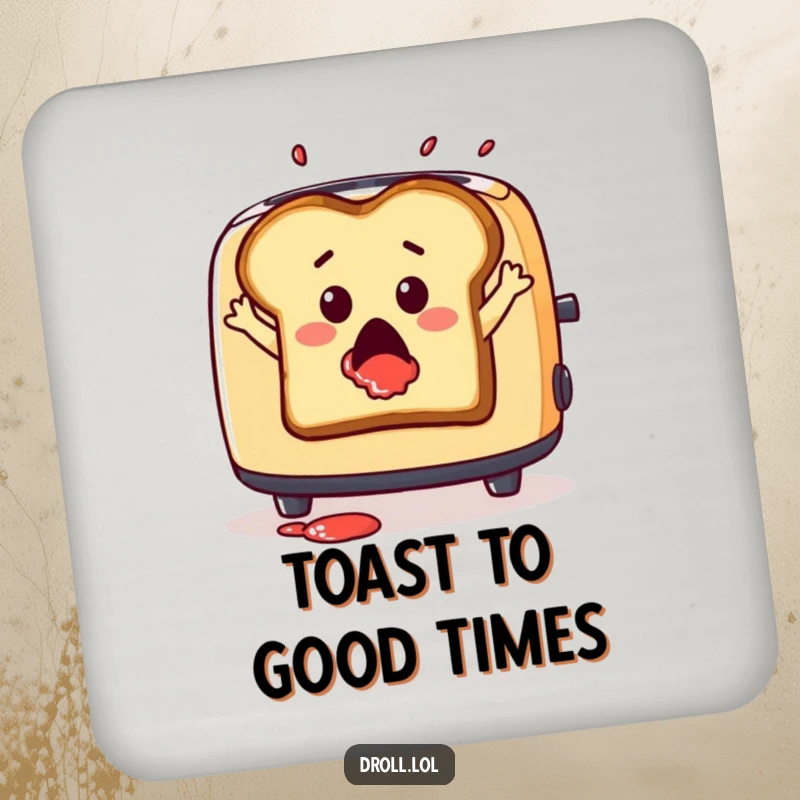 Funny drink coasters featuring a surprised slice of toast leaping from a toaster with jam splatter, for humorous protection.