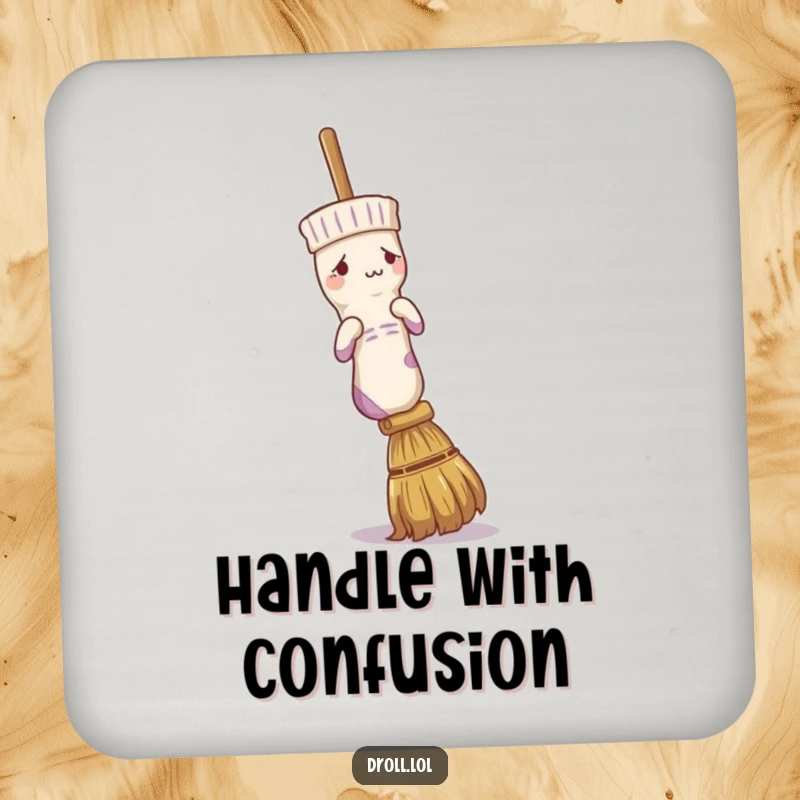 Funny drink coasters showing a confused sock trying to put itself on a broom, adding humor to your table.