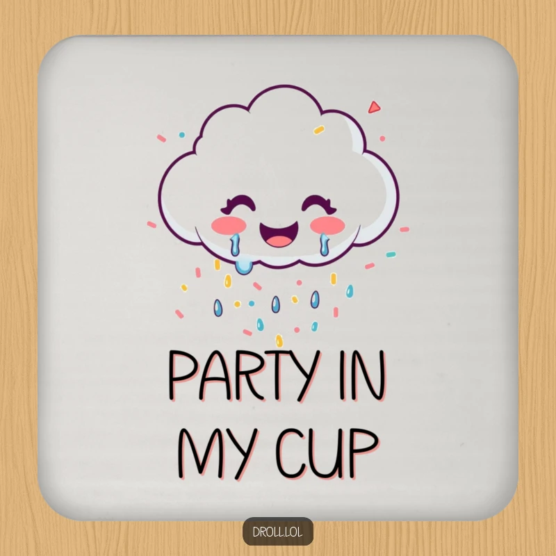 Funny drink coasters featuring a smiling cloud joyfully showering confetti, adding festive protection.