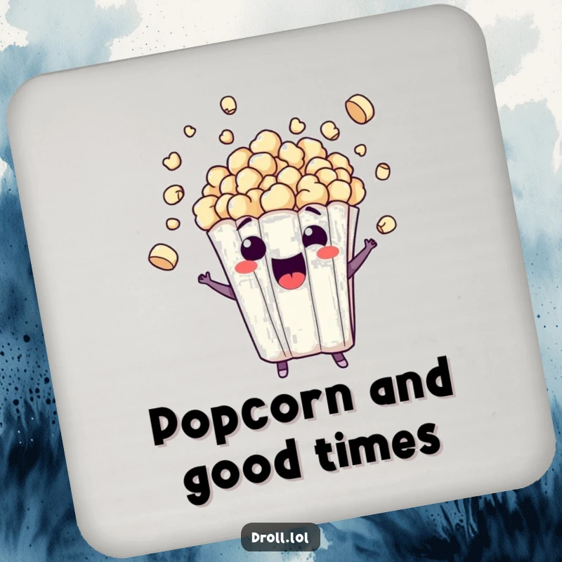 Funny drink coaster with a mischievous popcorn bag character bursting with kernels, embodying excitement and humor, a charming funny gift.