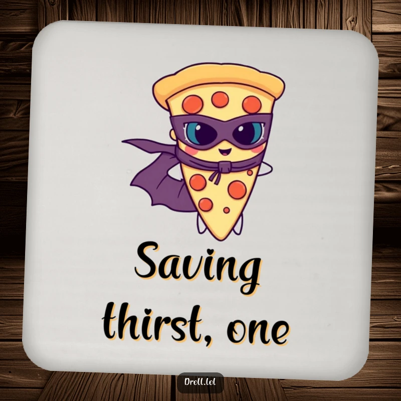 Funny slice of pizza with a superhero cape and mask, striking a pose on protective drink coasters.