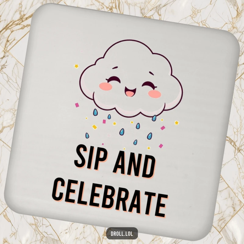 Funny smiling cloud raining confetti, a humorous drink coaster for cheerful gatherings.