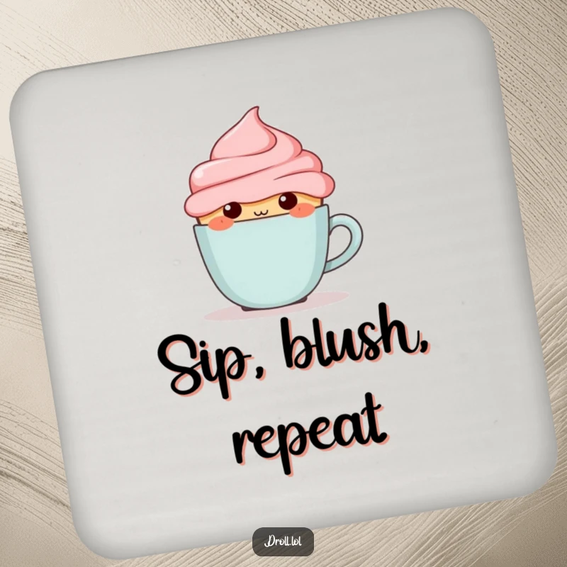 Funny blushing cupcake hiding behind a tiny coffee cup, featured on a humorous and protective drink coaster.