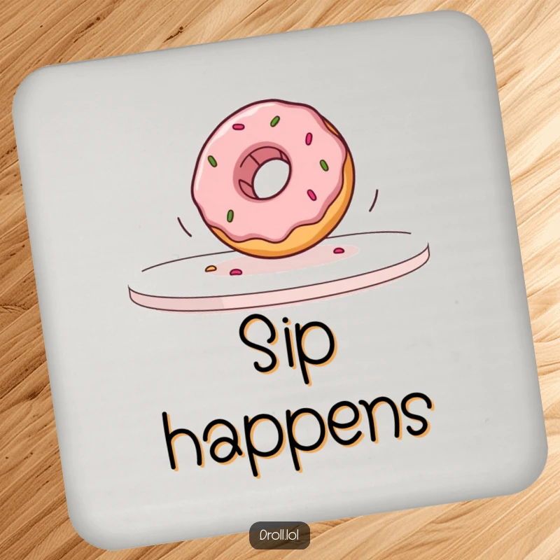 Funny donut captured mid-fall off a table in slow motion, featured on protective coasters, adding a humorous touch to any drink service.