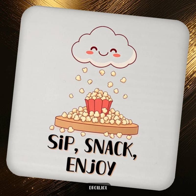 Funny coaster set showing a happy cloud raining popcorn, bringing whimsical fun and a touch of snack-time magic to your beverages.