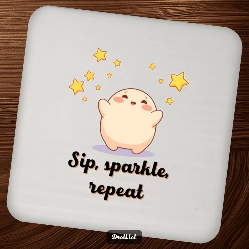 Funny drink coasters with a playful blob character catching falling stars, adding whimsical protection.