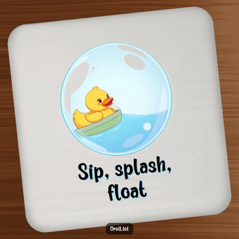 Funny coaster set showing a joyful rubber duck sailing inside a giant bubble, bringing whimsical fun to your beverages.