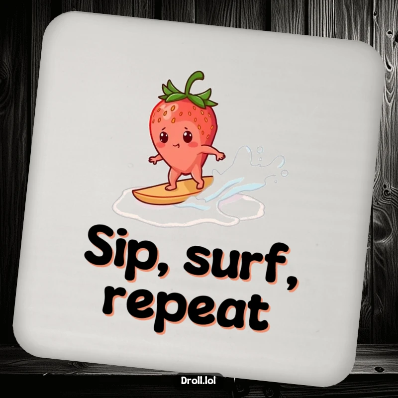 Funny strawberry drink coaster featuring a determined strawberry surfing a milk wave, adding a cheerful and protective element to tabletops.