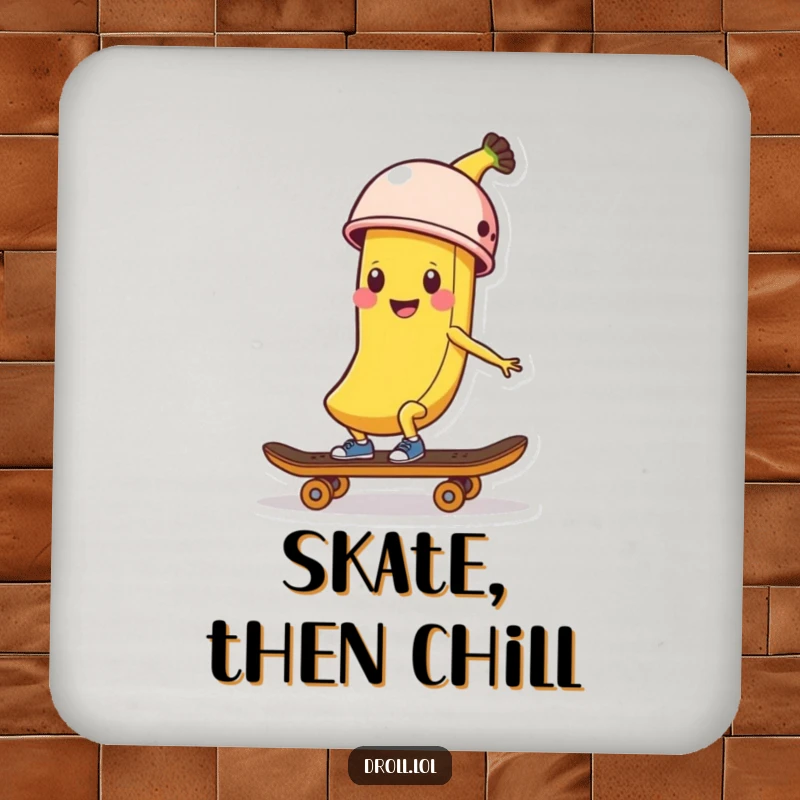 Funny Banana Skater Coaster: A happy banana peel accessorized with a helmet rides a skateboard on this protective drink coaster.