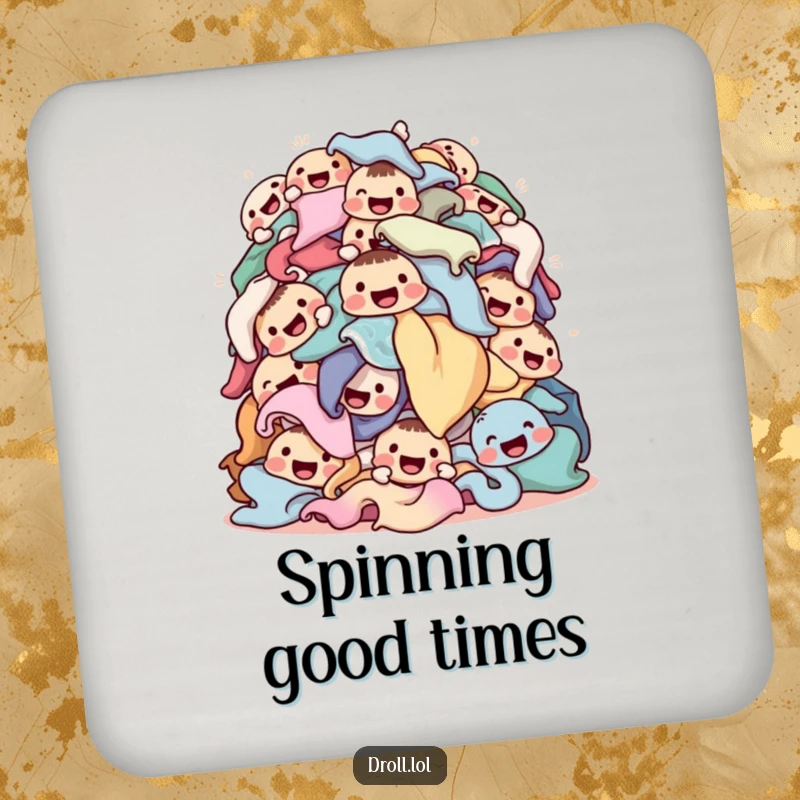 Funny laundry drink coasters featuring a tumbling pile of happy-faced clothes, adding a humorous and cheerful touch to surfaces.