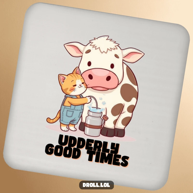 Funny drink coaster featuring a cat in overalls trying to milk a bewildered, giant cow, bringing farm humor to any surface.