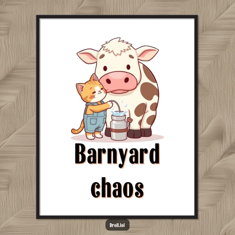 Funny poster print of a determined cat in overalls attempting to milk a bewildered, giant cow, embodying farm absurdity.