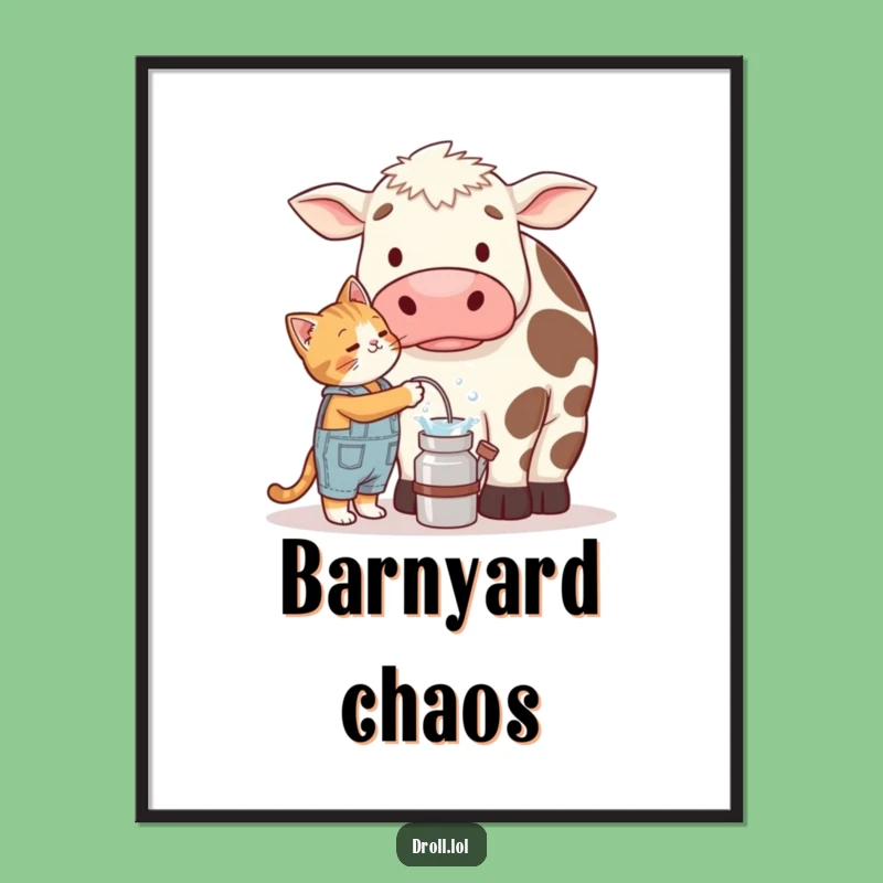 Funny Cat Milking Cow Wall Art Poster - Hilarious Farm Decor Gift!