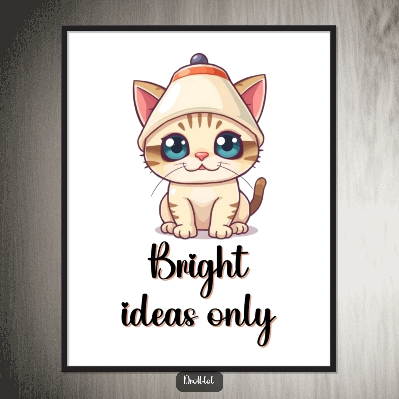 Funny Poster of a mischievous cat comically wearing a lampshade as a hat, looking directly with wide, comical eyes.