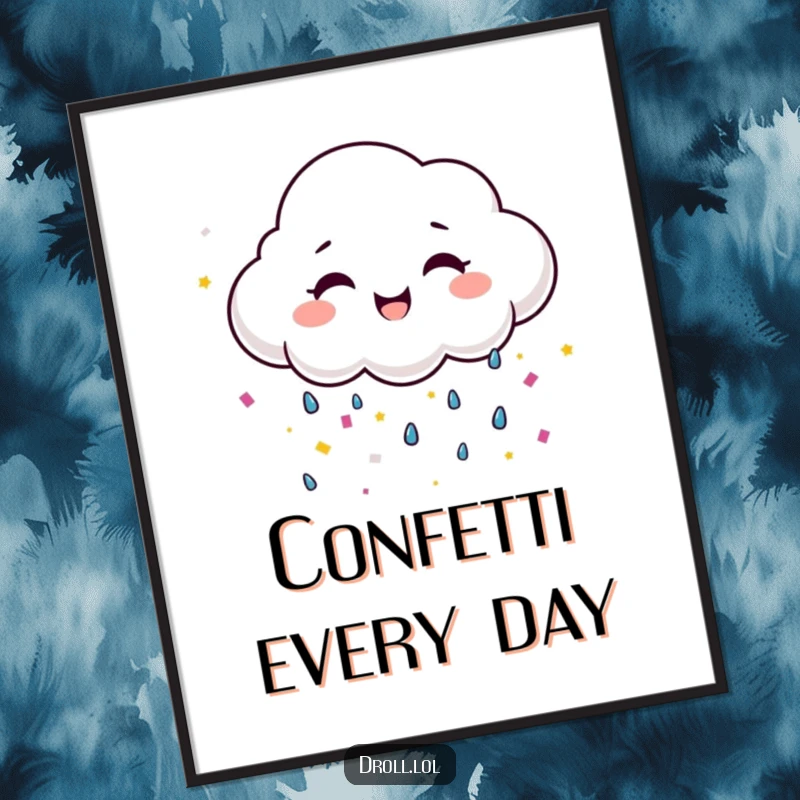 Funny happy cloud with a wide smile raining confetti, cheerful and humorous wall art.