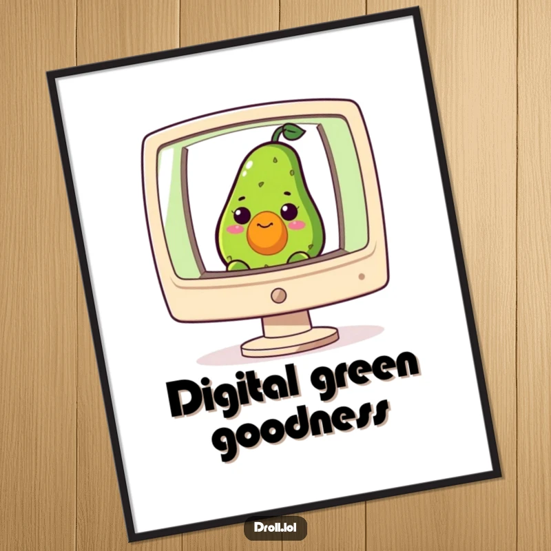 Funny poster art of a curious avocado peeking from a giant computer screen, perfect for humorous tech decor.