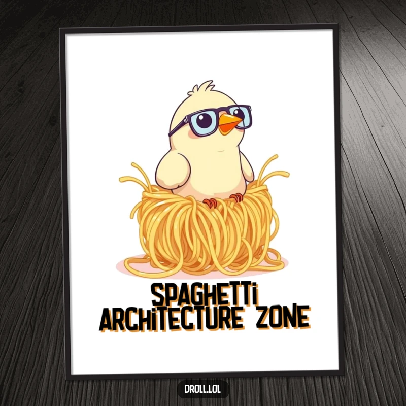 Funny poster featuring a bird in glasses comically attempting nest construction with overly large spaghetti strands.