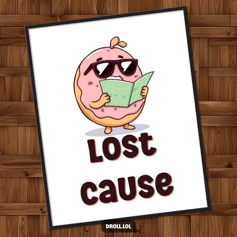 Funny confused donut with sunglasses and a map, displayed as a poster, capturing a humorous moment of culinary bewilderment.