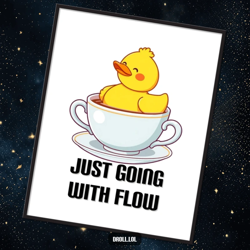 Funny confused rubber duck floating in a giant teacup, presented as humorous wall art.