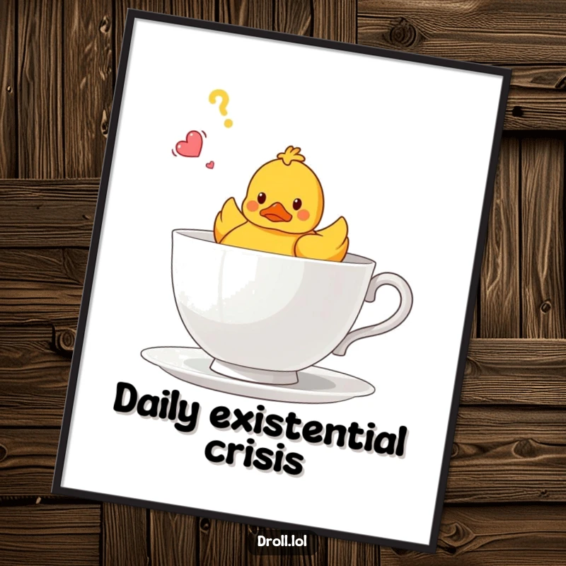 Funny poster print of a confused rubber duck bobbing inside a colossal teacup, a whimsical decorative piece.