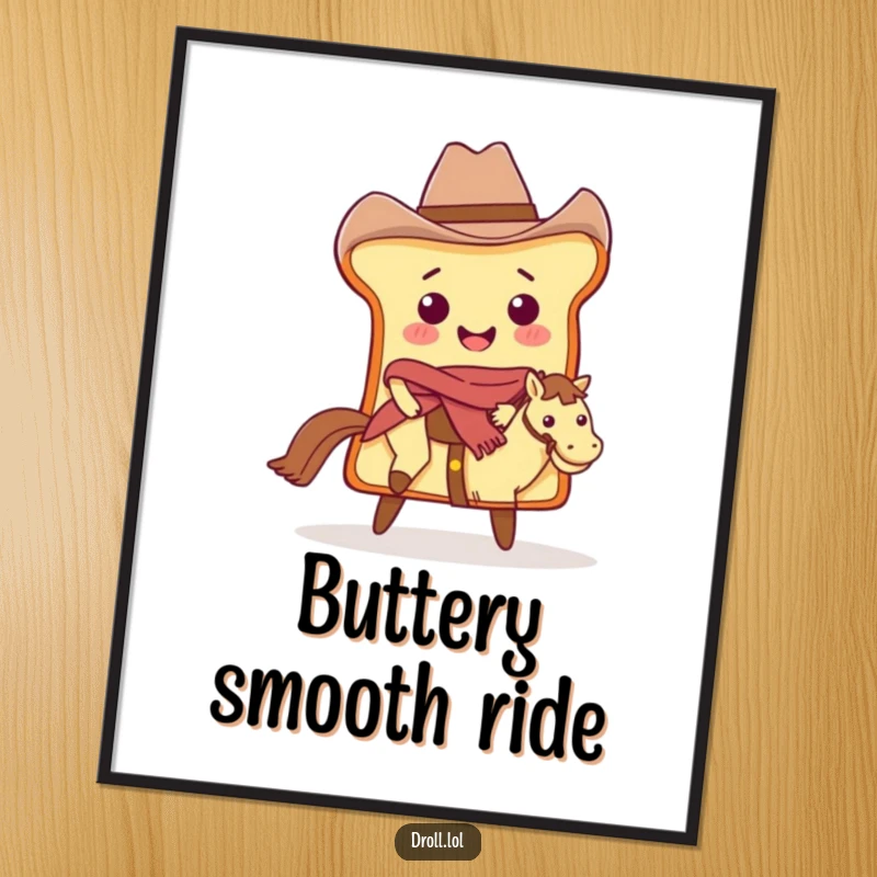 Funny Cowboy Bread Poster: A smiling bread slice as a cowboy riding a butter pat, western-themed art.