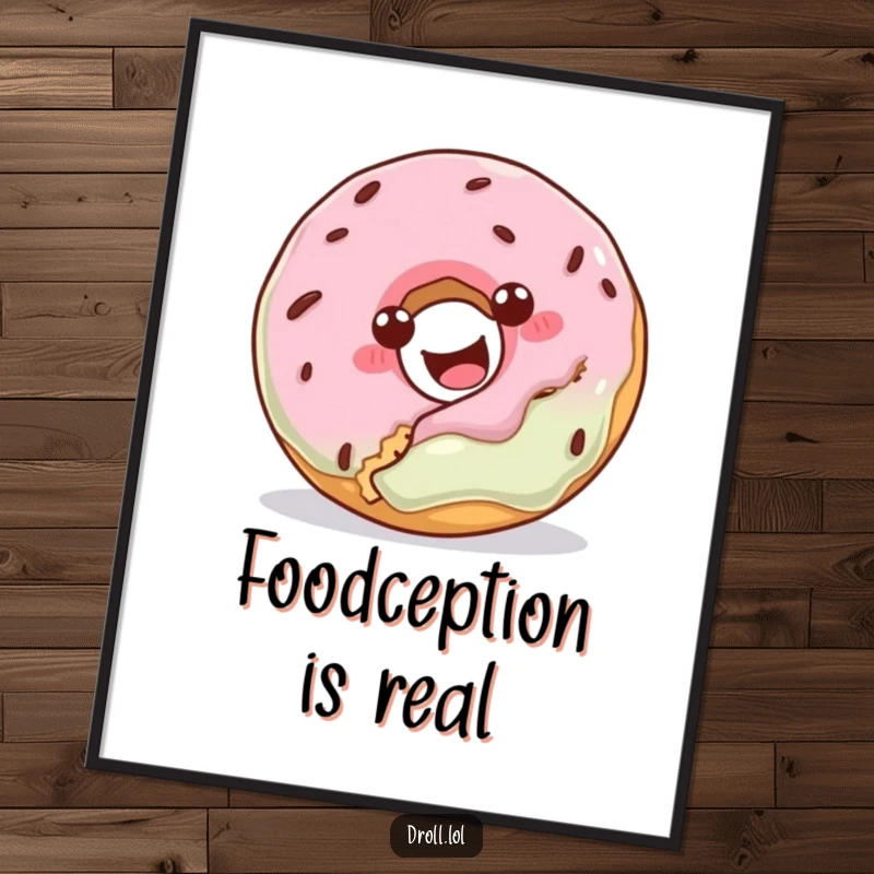Funny poster art featuring a donut trying to take a bite out of a cookie, a humorous wall decoration.