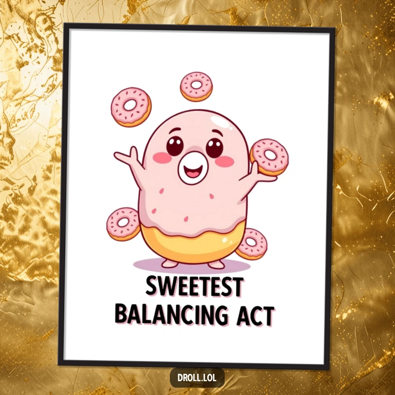 Funny donut poster showcasing a smiling donut juggling its mini-counterparts, a vibrant and amusing artwork that spreads sweet cheer.