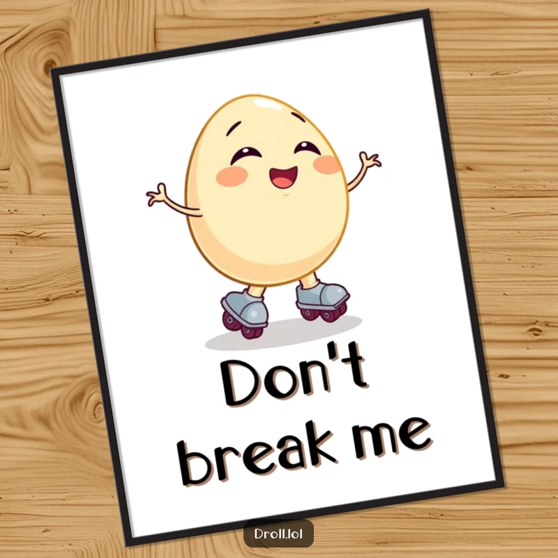 Funny wall poster art: a giggling egg on roller skates hilariously losing balance, depicted in a moment of comical chaos.