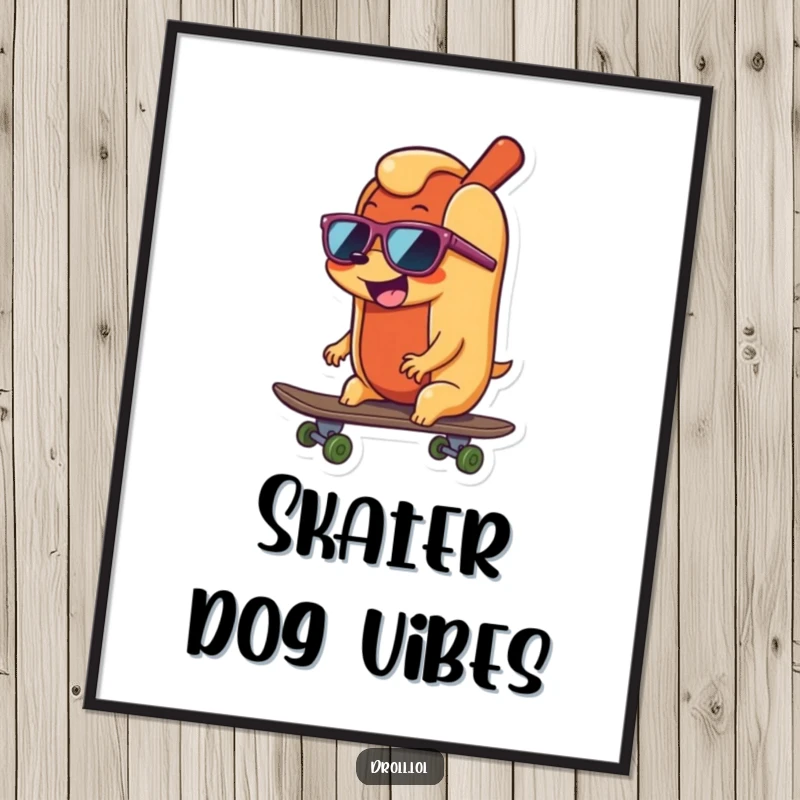 Funny happy, wiggling hot dog wearing sunglasses, cooly riding a skateboard, creating dynamic and humorous wall art.