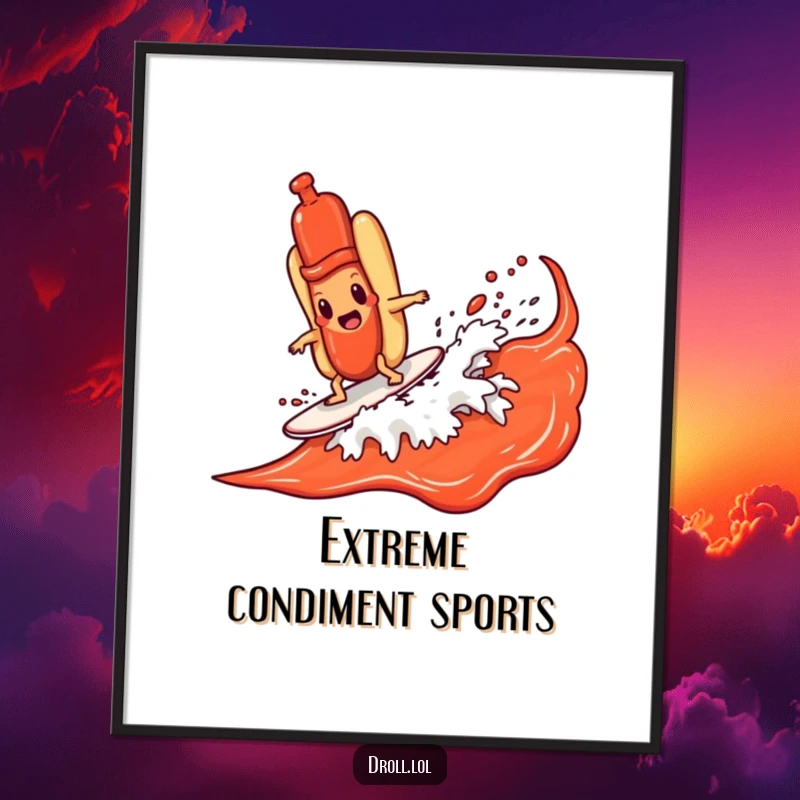 Funny hot dog character surfing a dynamic ketchup wave, presented as humorous wall art on a poster for maximum visual impact.