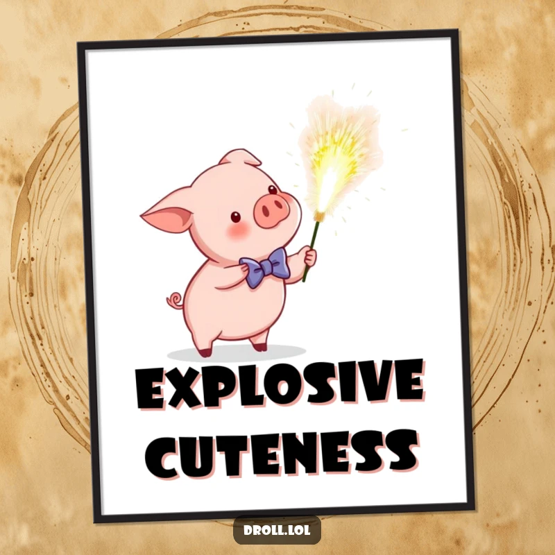 Funny poster print of a piglet in a bow tie accidentally igniting a massive sparkler, creating a humorous, dazzling display.