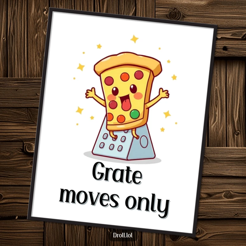 Funny poster: A determined pizza slice doing a lively disco dance on a cheese grater, full of energy and humor.