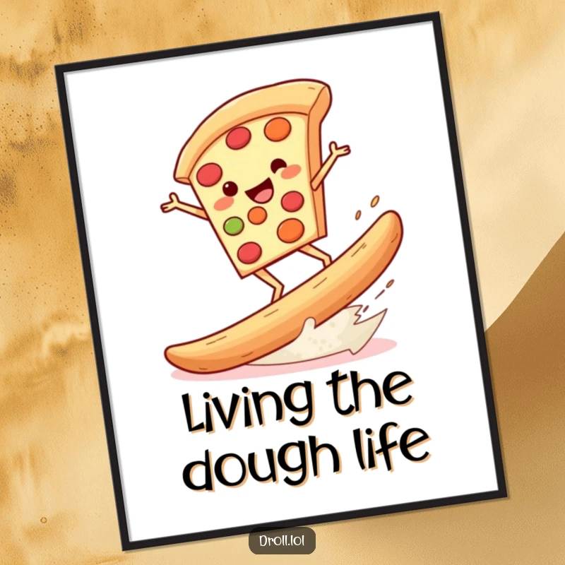 Funny poster art of a pizza slice bravely surfing a large breadstick, a delightful and comical scene for wall decor.