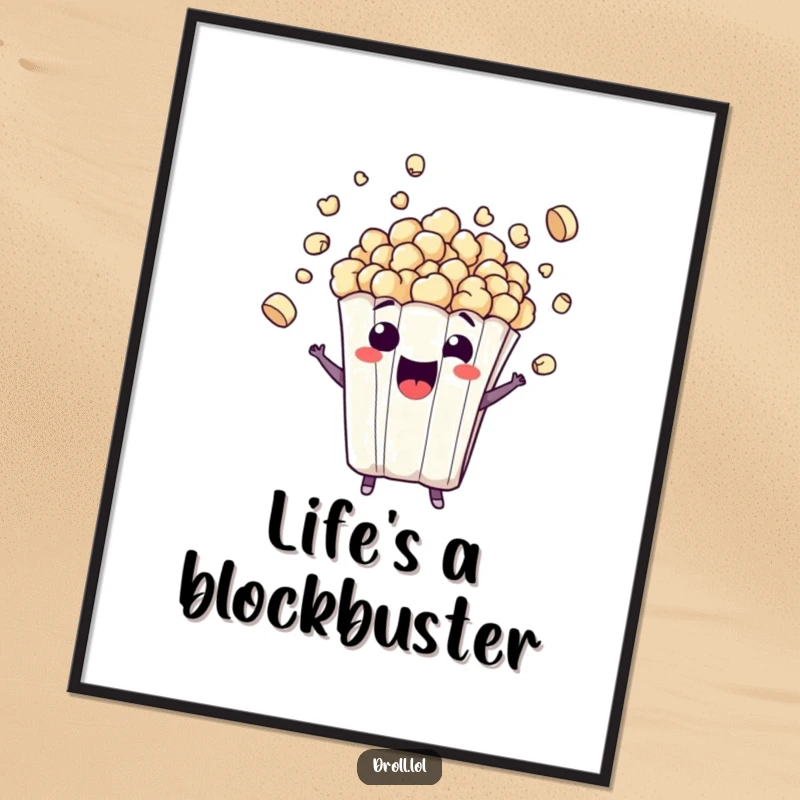Funny poster illustration of a mischievous popcorn bag character bursting with excitement, kernels flying wildly, perfect funny gift.