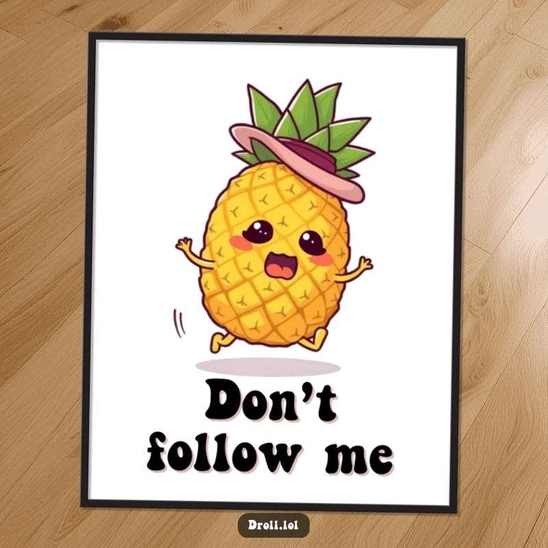 Funny poster of a pineapple character with tiny legs and a jaunty hat, looking panicked as it makes a frantic escape. Whimsical and hilarious.