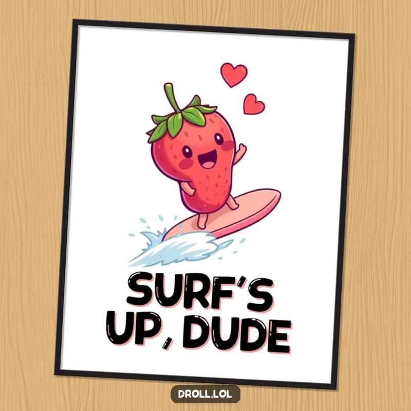 Funny poster art of a delighted strawberry surfing on a runaway blueberry, emphasizing the humor and excitement of the chase.