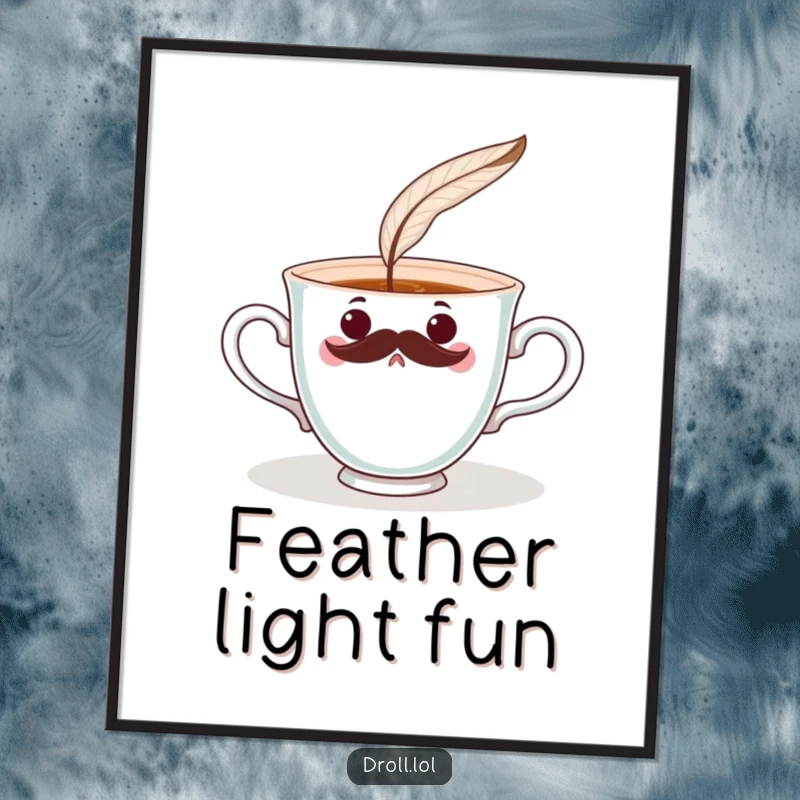 Funny surprised teacup with a mustache being tickled by a feather. Whimsical and amusing wall art.