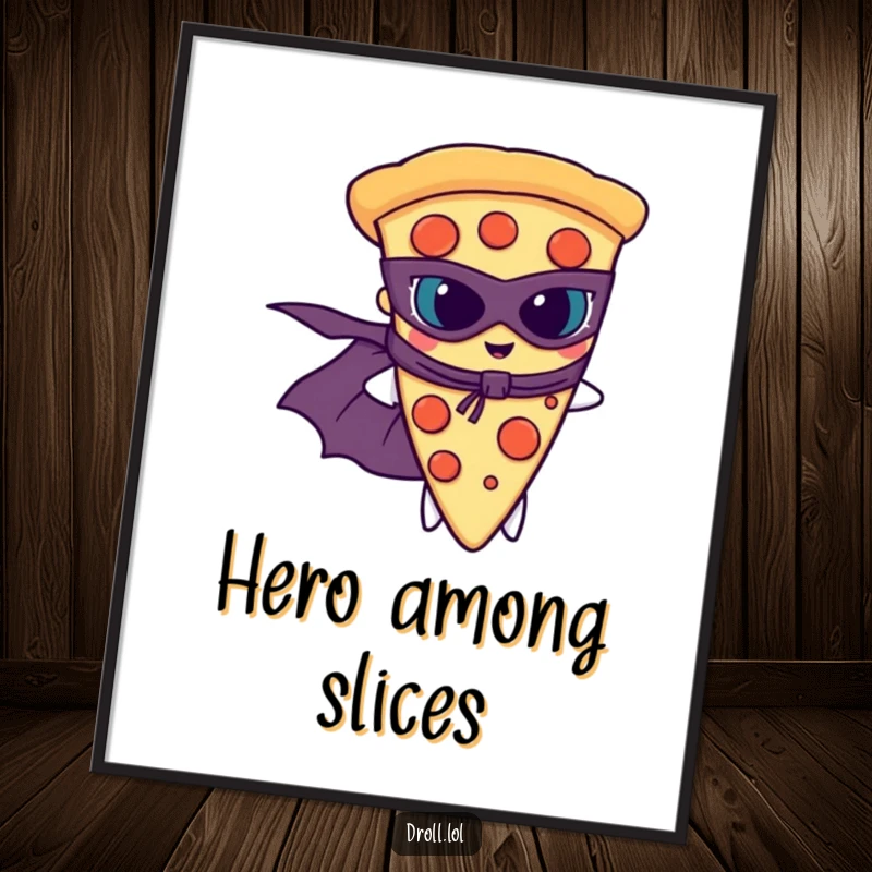 Funny slice of pizza wearing a superhero cape and mask, striking a heroic pose for wall art.