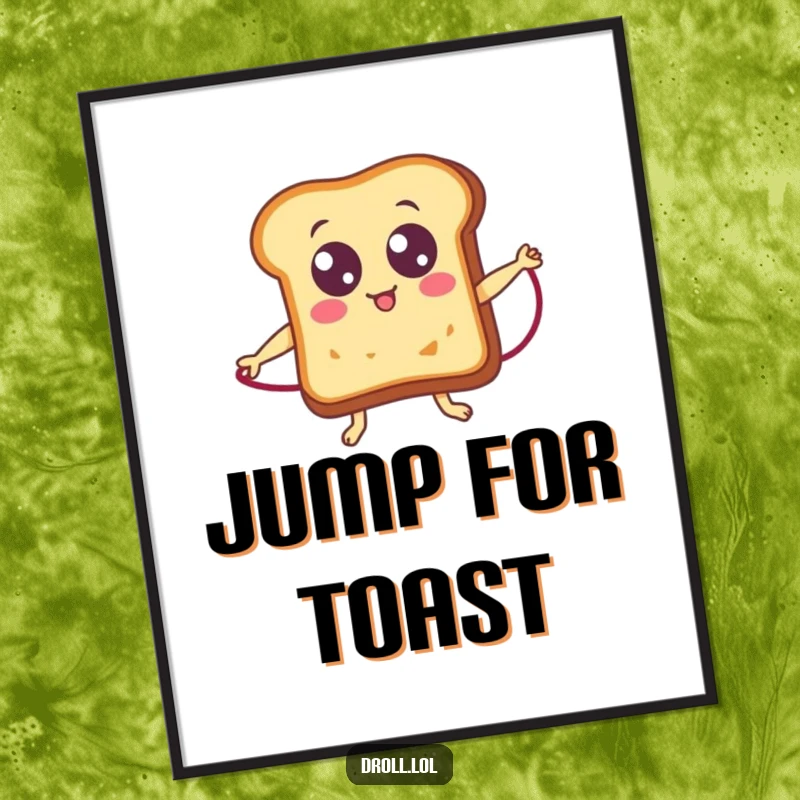 Funny cute toast with googly eyes jumping rope, a humorous and energetic poster for wall decoration.
