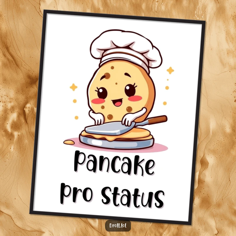 Funny poster of a determined cookie in a chef hat flipping pancakes, perfect kitchen wall art.