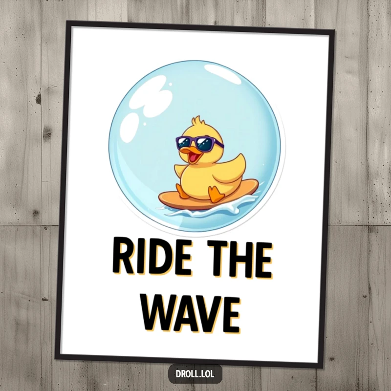 Funny rubber duck wearing sunglasses rides a giant bubble, a humorous and sunny poster for wall decoration.