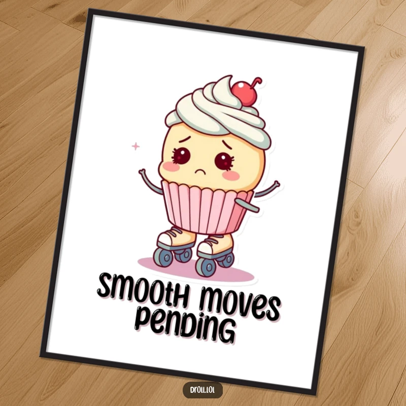 Funny poster showcasing a bewildered cupcake on roller skates, about to fall, capturing a moment of delightful chaos.