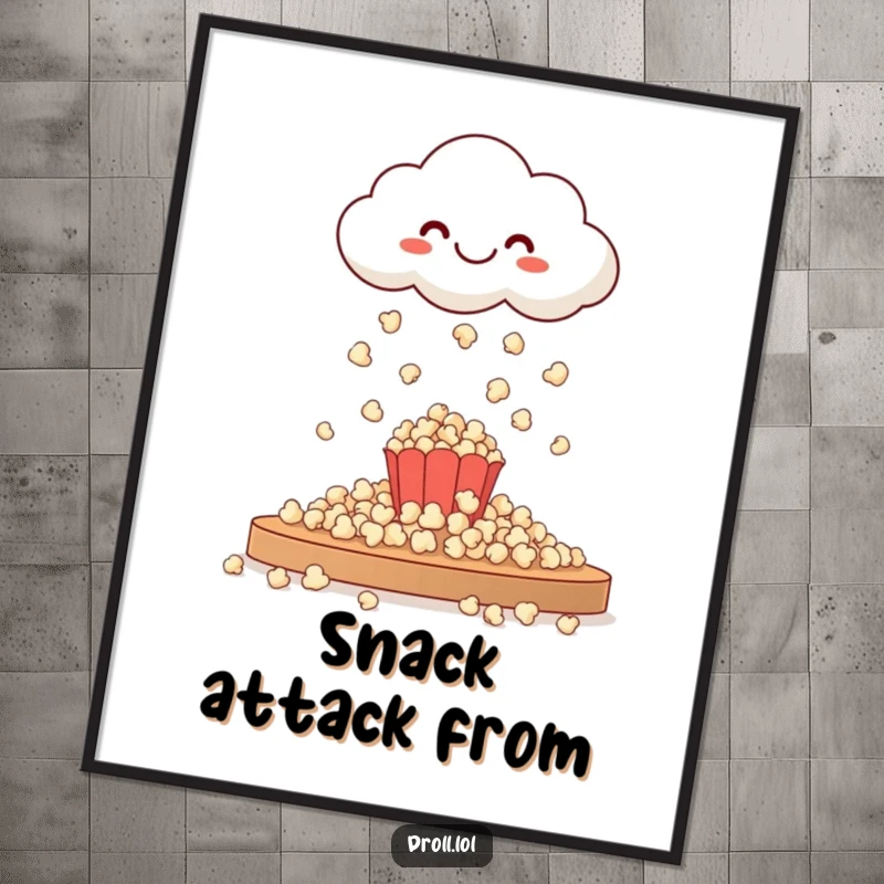 Funny wall poster art: a joyful cloud happily raining popcorn onto a table, creating a scene of pure, whimsical delight.